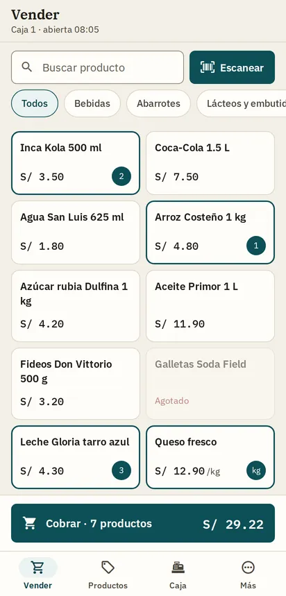 Pantalla Vender de la app de WaryPOS en el celular, con el botón Escanear