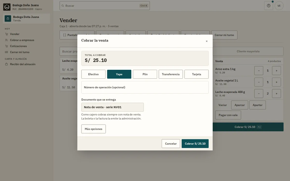 Ventana Cobrar la venta de WaryPOS con Yape elegido y nota de venta NV01