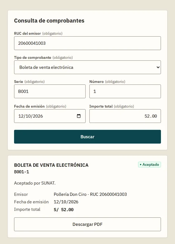 Consulta de una boleta electrónica aceptada por SUNAT, con botones para descargar el PDF, el XML y la constancia