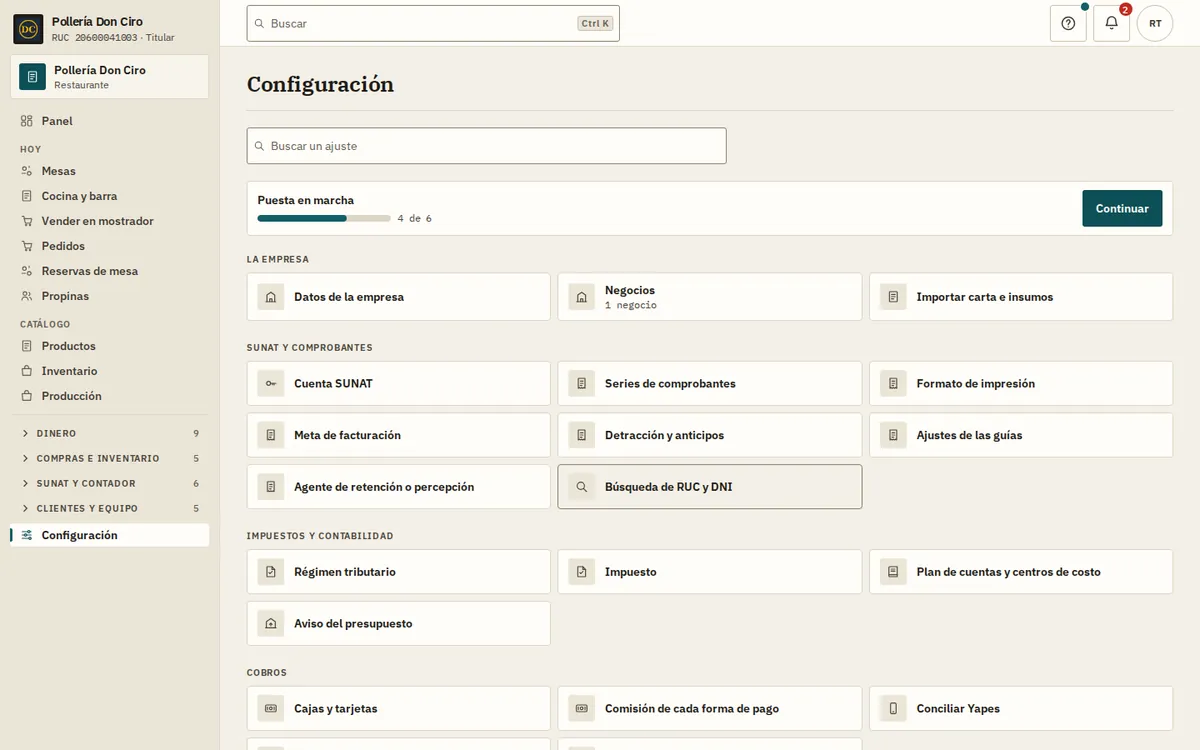 Configuración de WaryPOS con el buscador y los ajustes ordenados por tema: la empresa, SUNAT y comprobantes, impuestos y cobros