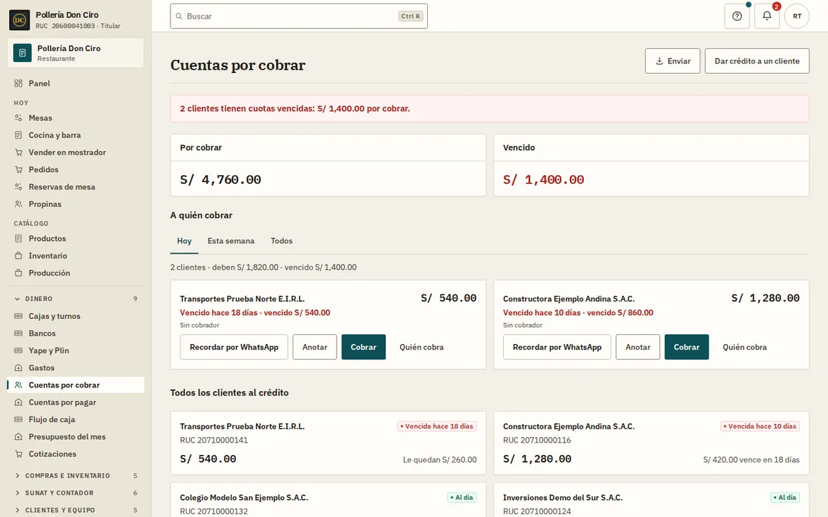 Cuentas por cobrar de WaryPOS con el límite de crédito de cada empresa y lo que vence