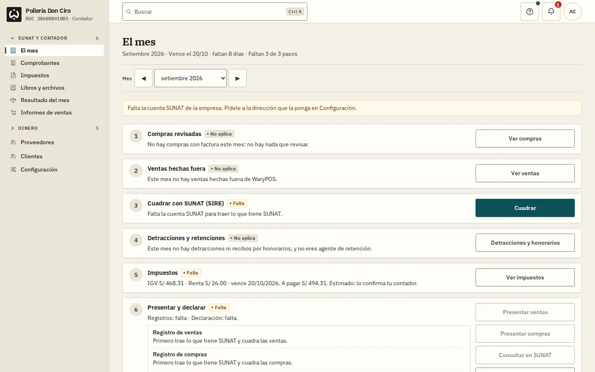 Pantalla El mes de WaryPOS con los pasos del mes con SUNAT y su vencimiento