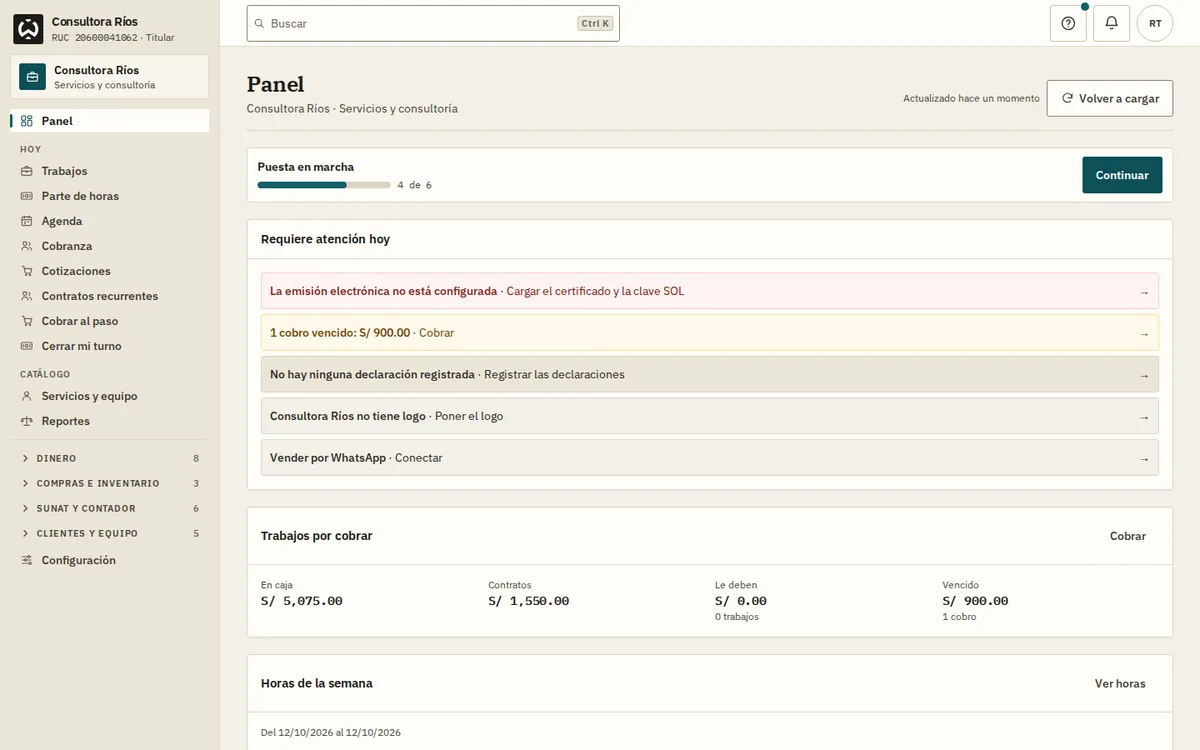 Panel de un negocio de servicios en WaryPOS con los trabajos y la cobranza