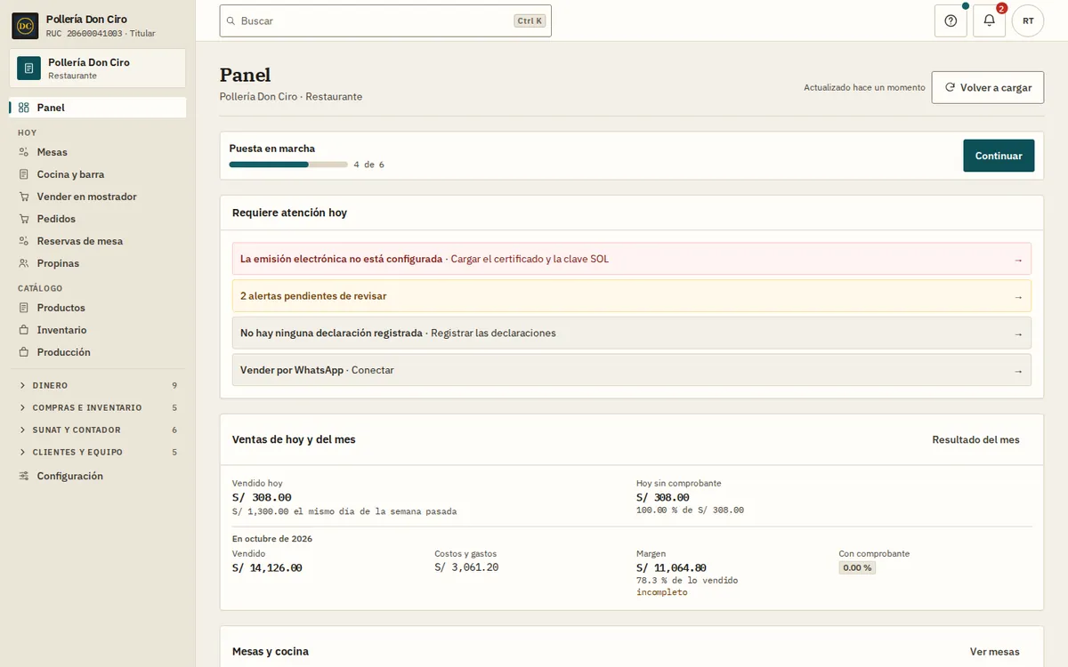Panel de WaryPOS con lo que requiere atención hoy y el menú ordenado por tarea