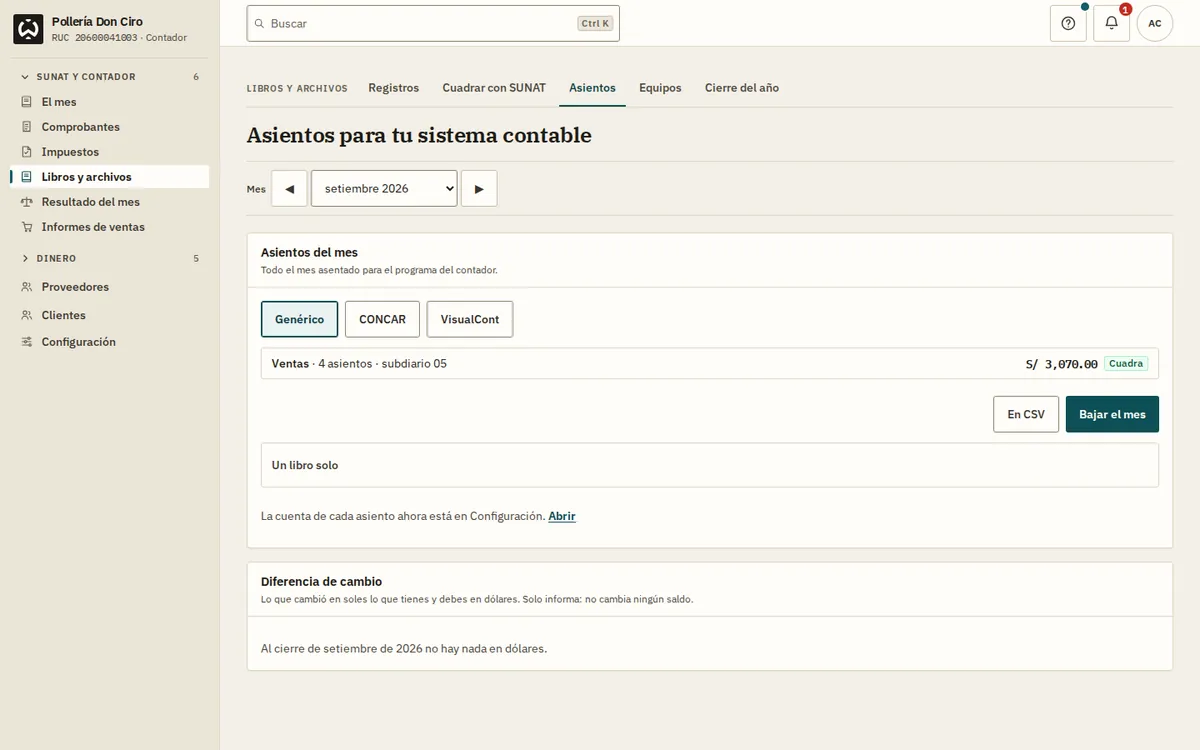Asientos del mes en WaryPOS, listos en formato general, CONCAR o VisualCont
