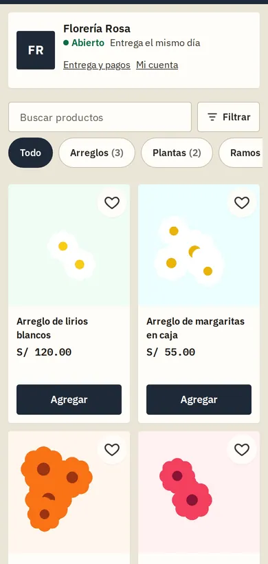 La tienda en línea de la florería vista desde un celular