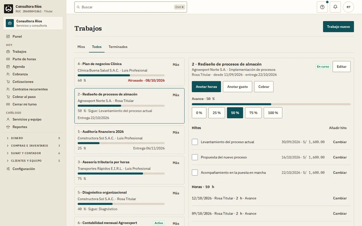 Trabajos de un negocio de servicios en WaryPOS, con sus horas y lo que falta cobrar