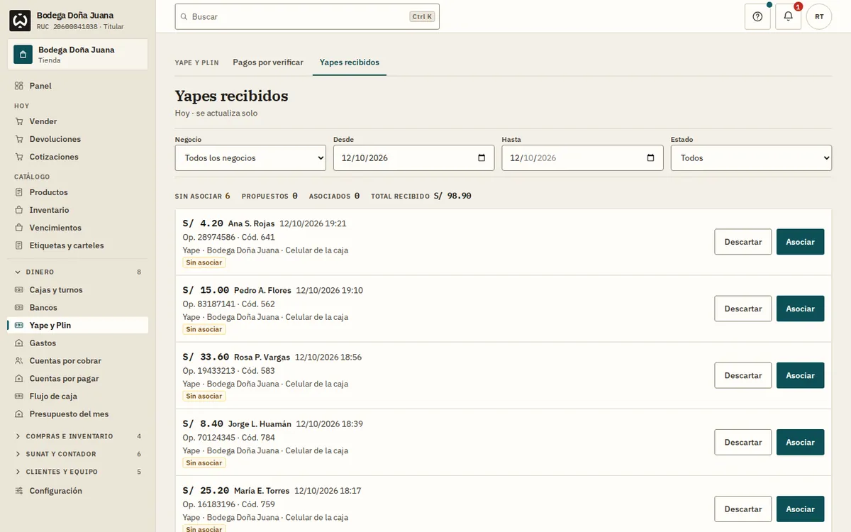 Lista de Yapes recibidos: sin asociar, propuesto, asociados y descartado